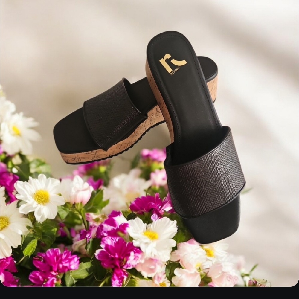 Black Cork Wedge Slide Sandals -
